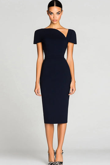 Black Short Sleeves Bodycon Satin Midi Work Dress